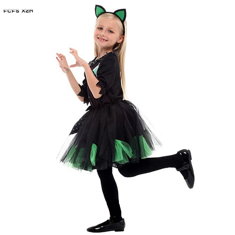 Girls Cat Catwomen Animal Cosplay Kid Children Halloween Kitty Costume Carnival Purim Masquerade Stage Play Party Dress