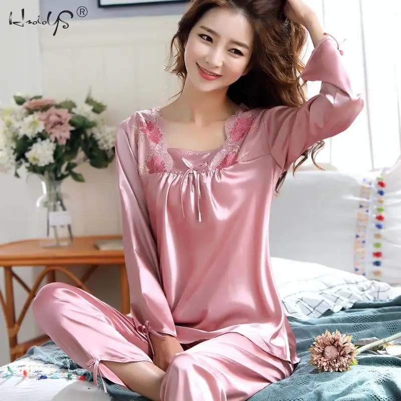 Women\'s Silk Satin Pajamas Set Lounge Pajama Sets Ladies Sexy Flower Lace Sleepwear Pyjamas Nightwear Pajama Suit Lingerie