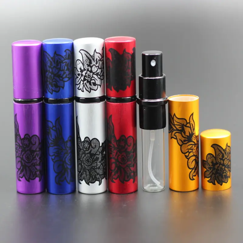 

25pcs/Lot 10ml Pump Empty Travel Refillable Anodized Aluminum Glass Perfume Bottle Print Leaf Flower Pattern Spray Scent Bottle