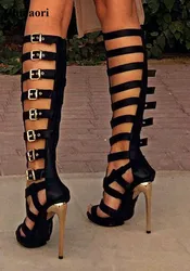 Women Fashion Open Toe Black Leather Knee High Gladiator Boots Cut-out Platform Stiletto Heel Long Boots High Heel Boots