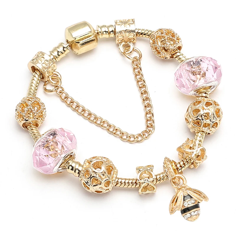 BAOPON Luxury Crystal Bees Gold Color Charm Bracelet For Girl Murano Glass Beads Fine Bracelet For Women Couple DIY Jewelry Gift