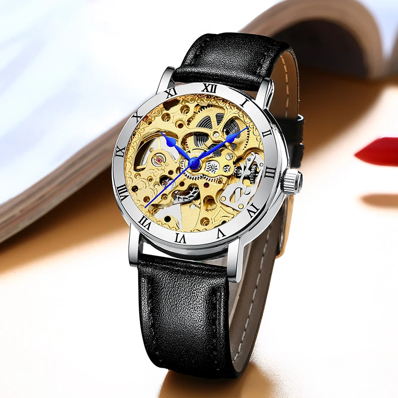 IK Colouring Women Watch Automatic Mechanical Wristwatch Skeleton Steampunk Female Clock Casual Leather Strap Reloj Mujer