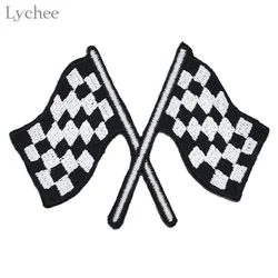 Lychee Life Checkered Flag Chequered Iron On Patch Car Racing Rock Decals Clothing Patchworks Garment Applique