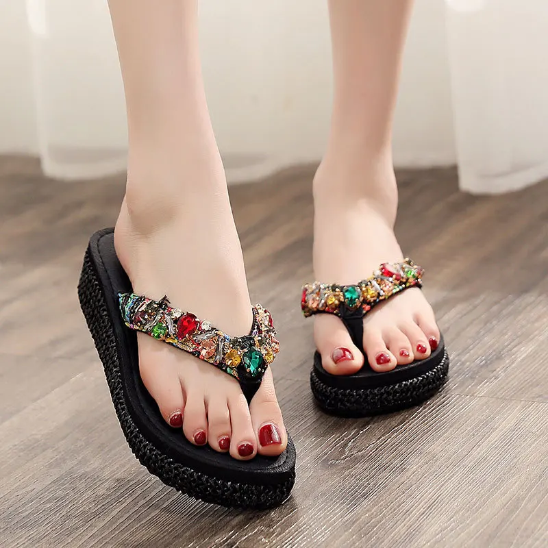 slippers sandals women 2023 rhinestone flip flops Clip Toes Womens Wedge Summer Sandals Casual Beach Slippers Rubber Slip-on