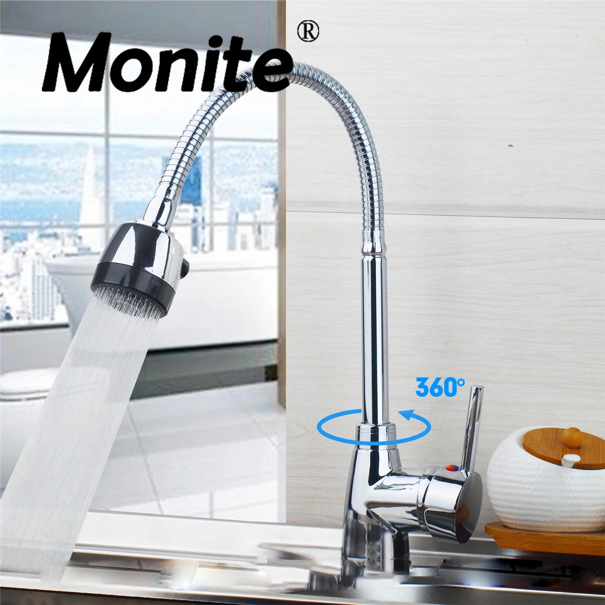 

Monite Modern Chrome Swivel Kitchen Faucet Mixer Tap Stainless Steel Kitchen Tap Faucet Solid Brass Water Mixer