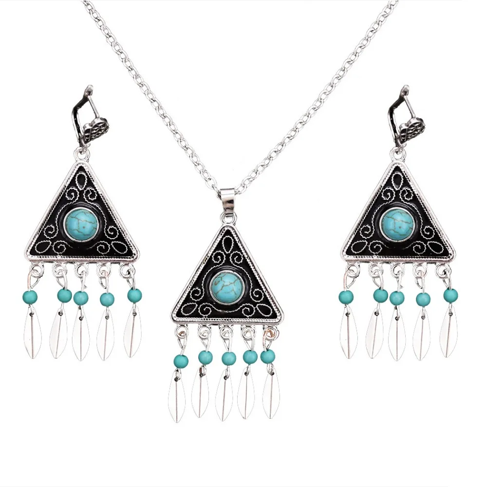 4 Styles Vintage Metal Green Red Beads Pendant Necklace Earrings Sets for Women Boho Turkish Charming Jewelry Set