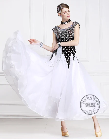 

elegant customize black white short sleeve rhinestone Fox trot Waltz tango salsa competition ballroom dance dress