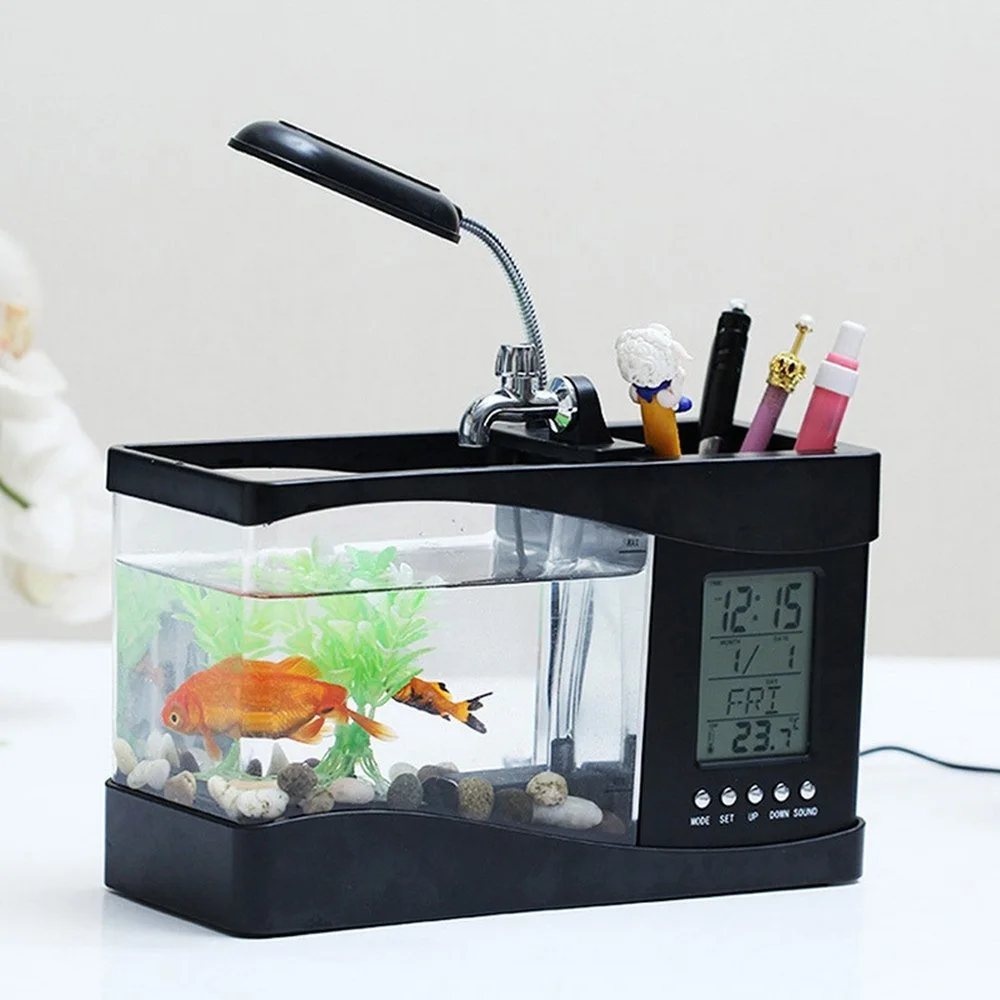 

Mini Aquarium Fish Tank with LED Lamp Light Pen Holder USB Aquarium Betta Fish Tanks LCD Display Screen and Clock Aquario