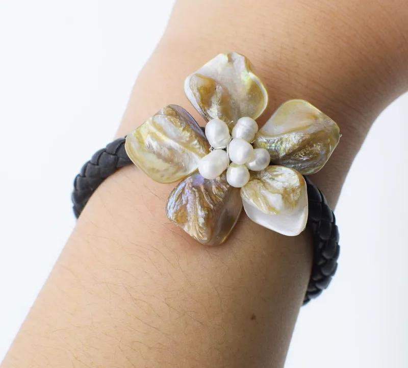 freshwater pearl white/black/green/blue/brown  baroque and shell flower  wholesale  bracelet 8inch wholesale beads  FPPJ nature