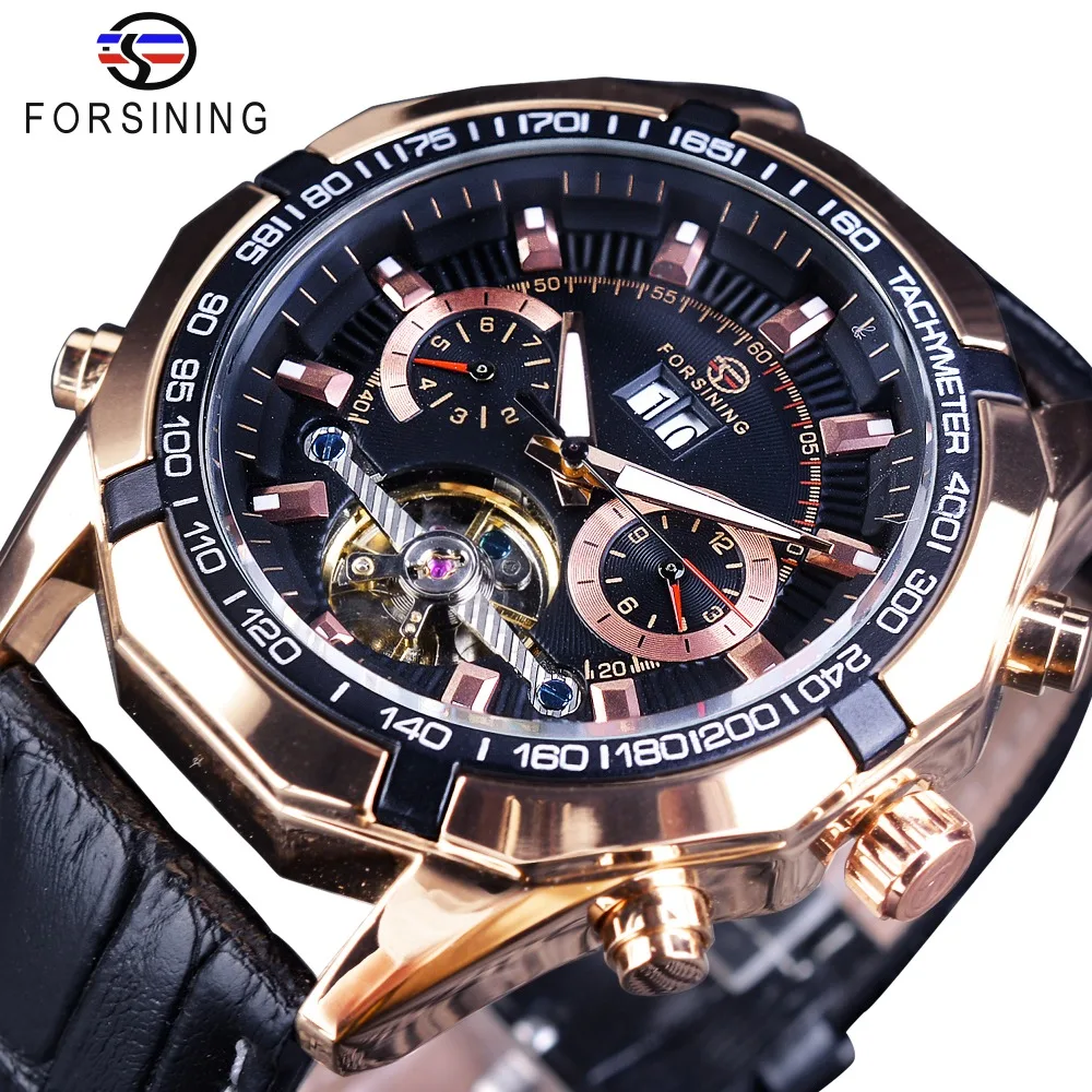 Forsining Tourbillion Fashion Sport Racing Bezel Design Rose Golden Calendar Display Automatic Creative Watches Top Brand Luxury