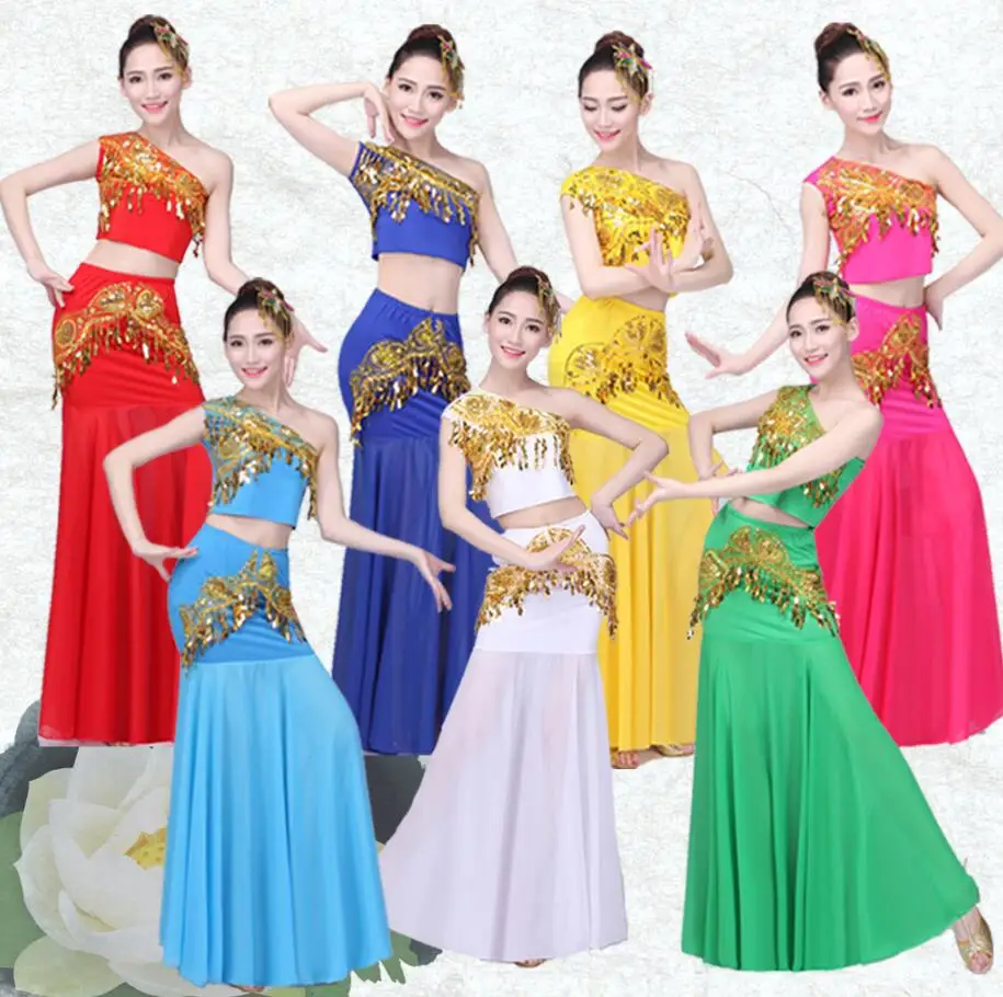 2019 traje de dança do ventre indiano tradicional vestido pavão feminino adulto indiano bollywood vestido cauda peixe collant menina dancewear