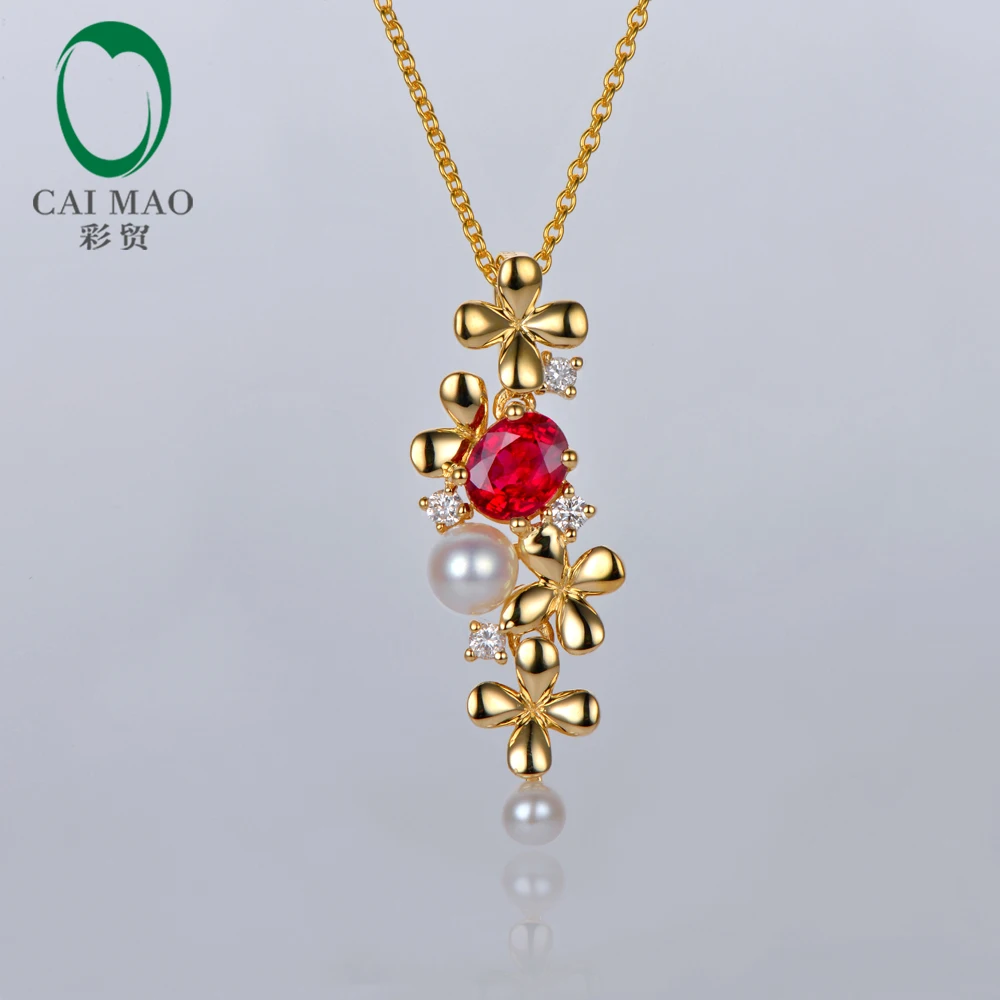 

Caimao Jewelry Natural Oval Red Ruby With Pearl and Diamond Engagement 14ct Yellow Gold Pendant