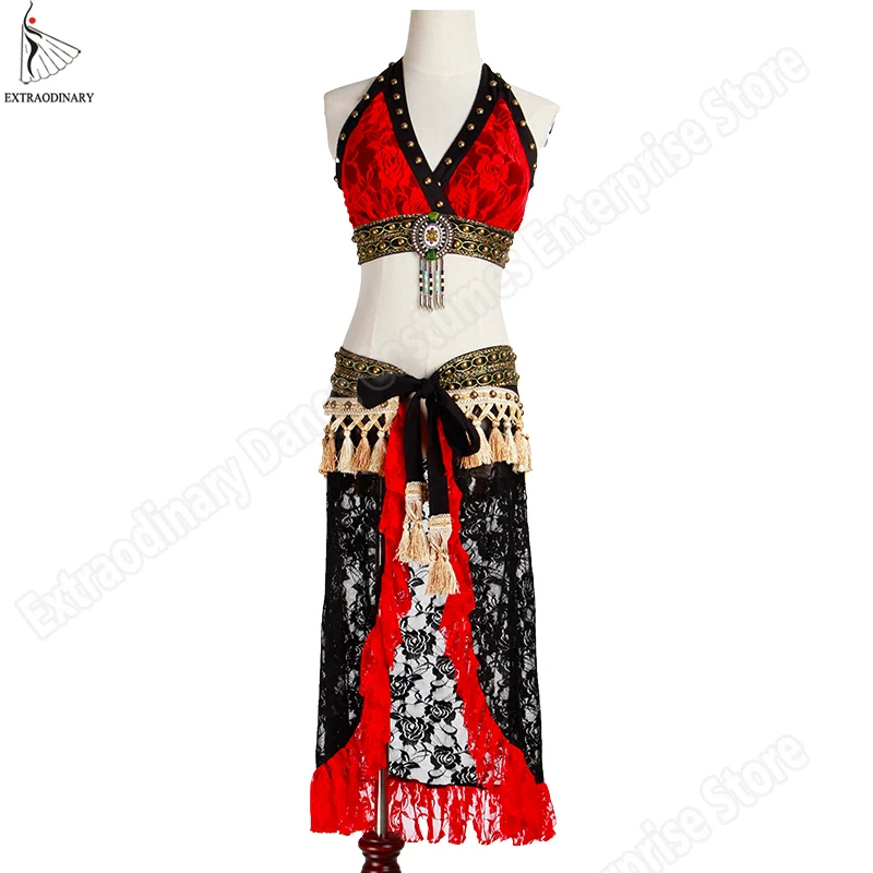 ATS Tribal Belly Dance Costume Suit Set Bra Hip Scarf Lace Women Stage Performance Tribal Gypsy Adjustable Top Belt 2PCS