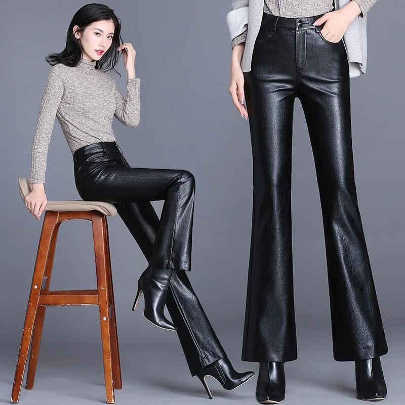 

4XL Fashion Temperament Pu Leather Flared Pants Women Elastic Force Pants Spring Autumn Lady High Waist Personality Leather Pant