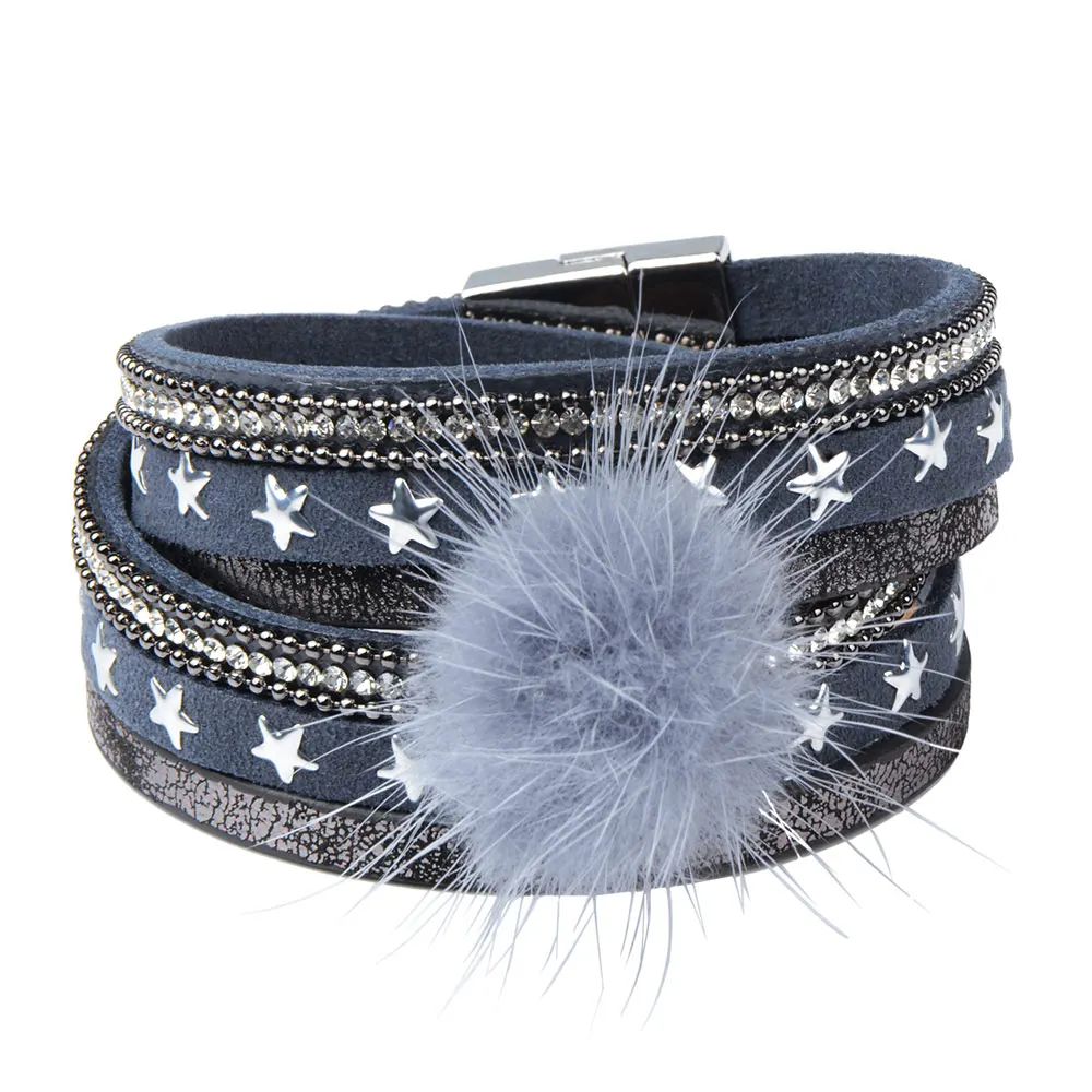 LFPU PU Leather Bracelets & Bangles Charm Mink Fur Ball Magnetic Wrap Crystal Bracelet Women Men For Christmas Gift