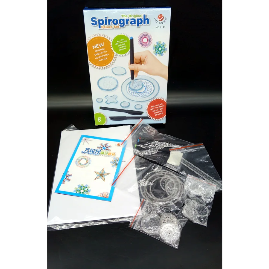 1 대/몫, Spirograph Ruler Set, 디럭스 세트 디자인 어린이를위한 다기능 눈금자, 상자에 포장