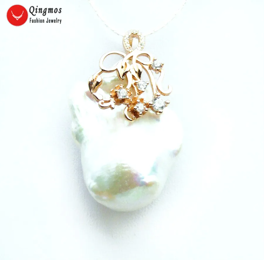 

Qingmos Natural White Pearl Pendant Necklace for Women & 20*35mm Baroque Nuclear Pearl Necklace Jewelry Chokers 17" Chain pen111