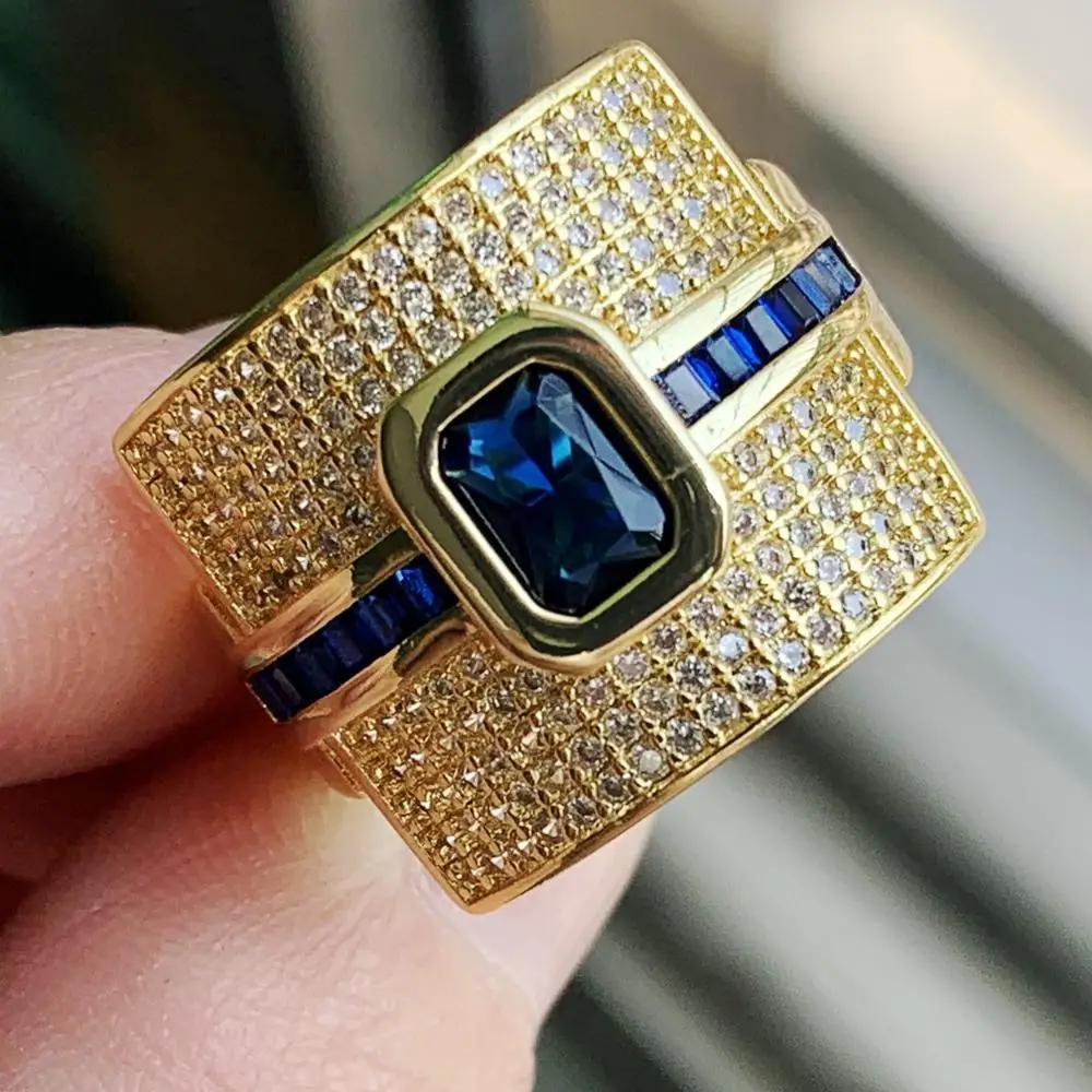 Rulalei Brand New Top Selling Retro Jewelry 925 Silver&Gold Fill Blue 5A Cubic Zirconia Pave CZ Party Wedding Bridal Ring Gift