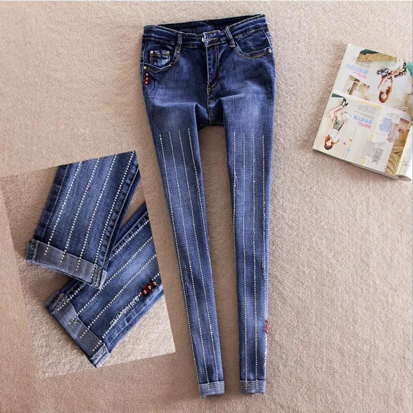 stretch diamond beading jeans European striped diamond beading ankle jeans female diamond rhinestone pencil trousers wq2215