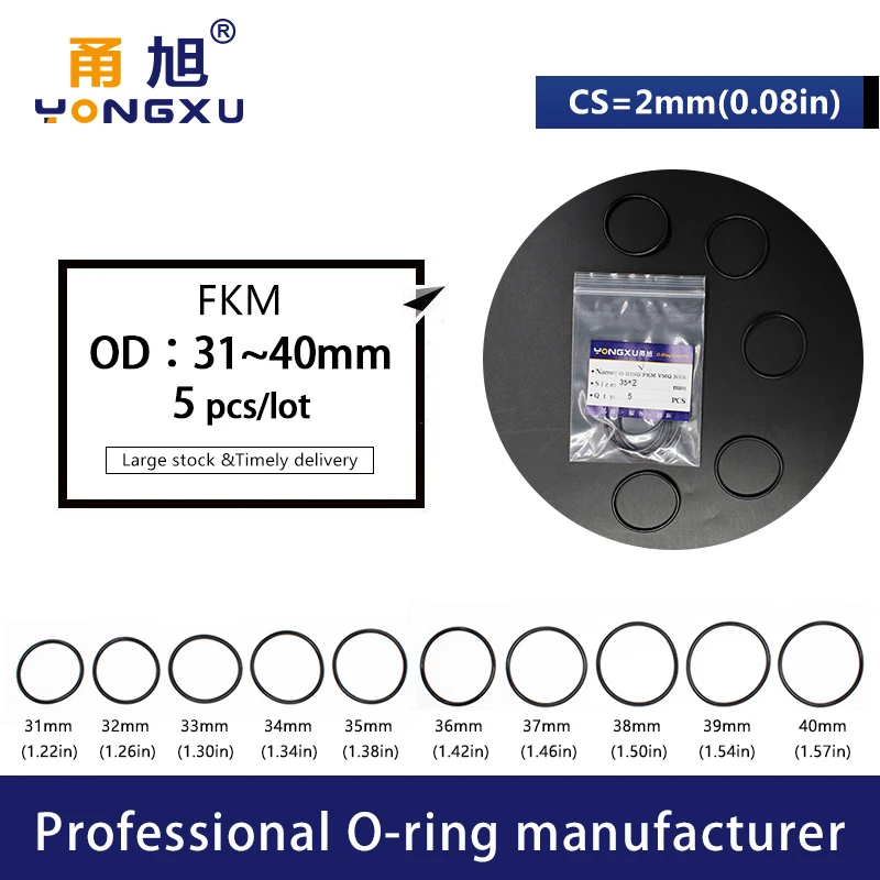 5PCS/lot Black FKM Fluorine Rubber O-rings Seals CS2mm OD31/32/33/34/35/36/37/38/39/40*2mm ORings Seal Gasket Sealing Washer