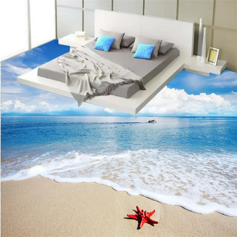 beibehang Sea beach starfish waves Custom 3D Floor Wallpaper Bathroom Kitchen 3D PVC Floor Mural Self-adhesive wall paper roll