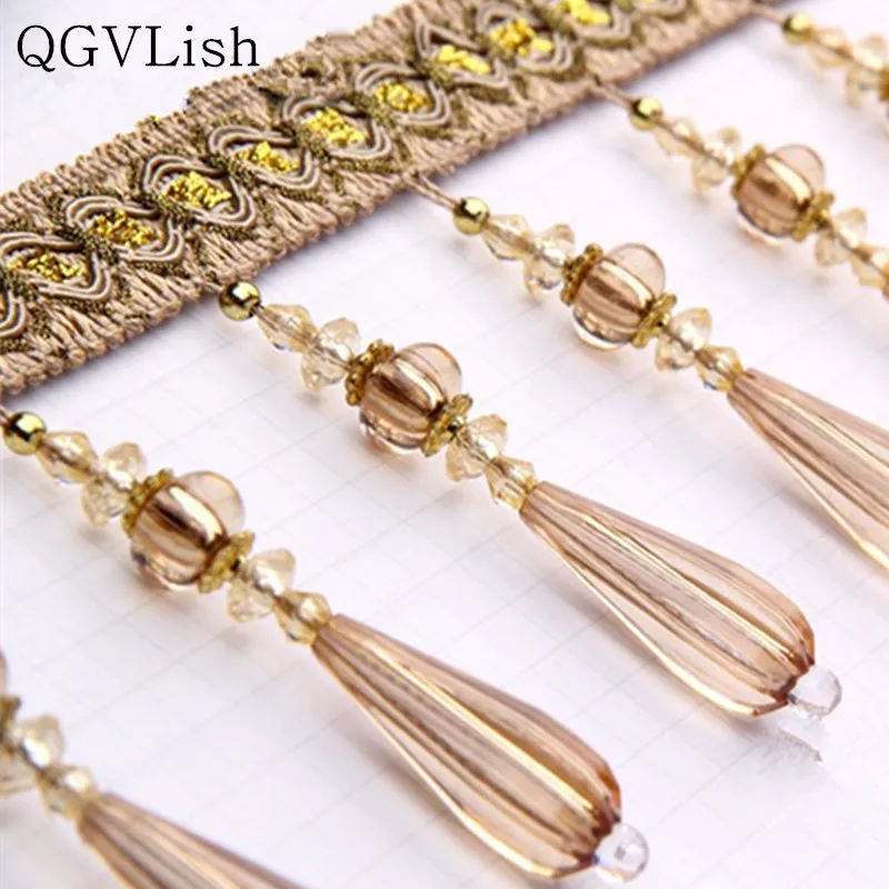 

QGVLish 12M Crystal Beads Curtain Tassel Fringe Lace Trims DIY Sewing Sofa Stage Lamp Edge Decor Curtain Accessories Lace Ribbon