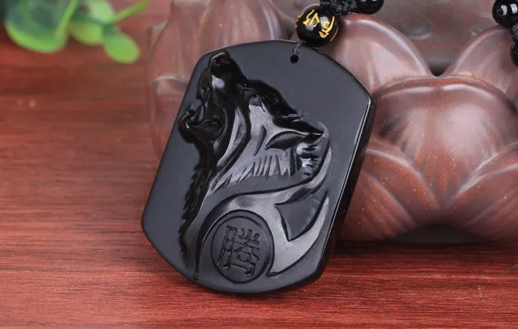 Natural Black Obsidian Carving Wolf Head Amulet pendant free necklace obsidian Blessing Lucky pendants fashion Jewelry