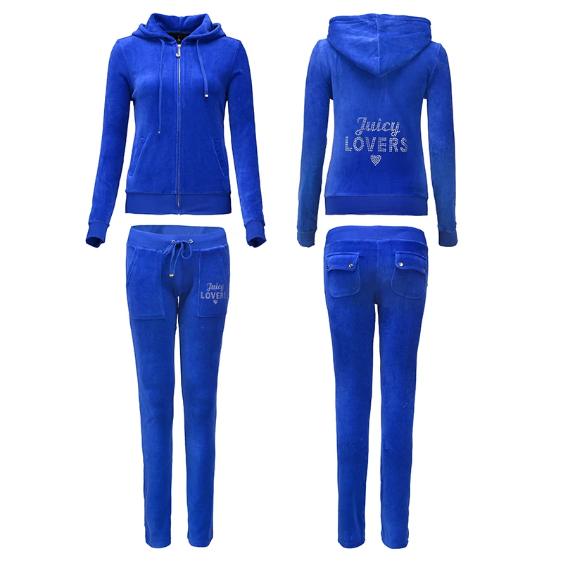 

Juicy Lovers Brand Spring Women Sporting Suits Blue Black Slim pleuche Letter Casual Tracksuits Hooded Collar Sportswear suit