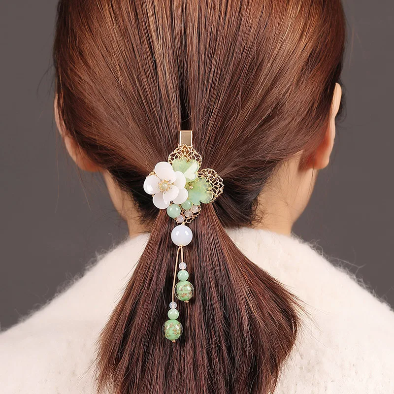 Fine coloured glaze Flower Tassel Hairpin Chinese Hair Accessories Jewelry Hairwear Handmade Barrettes Vintage Hair Clip