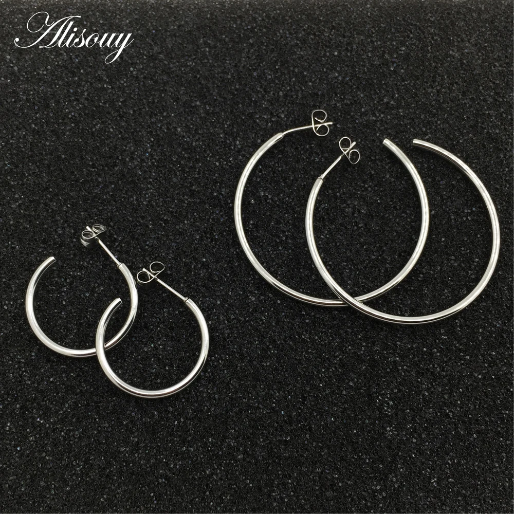 Alisouy 1 Pair Stainless Steel COOL  Color Black Gold Color Jewelry Earrings Fashion Jewelry 2mm Hollow Hoop Earrings Unisex