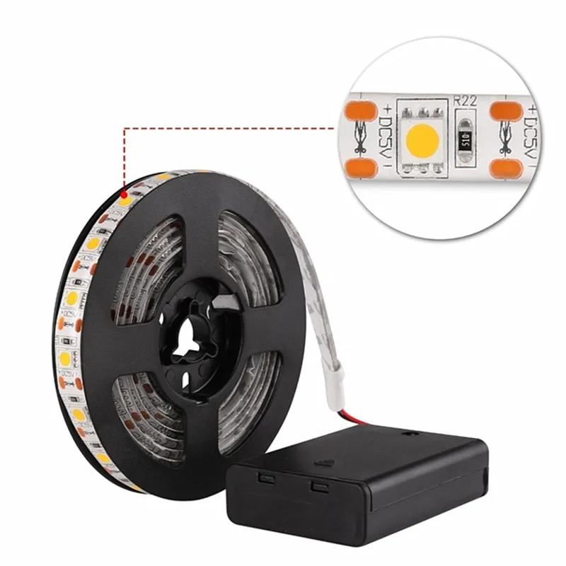 

DC 5V 3*AA Battery Powered LED Strip Light IP65 Waterproof 5050 SMD 2M 1M 0.5M LED Tape with Battery Box Cool White/Warm White