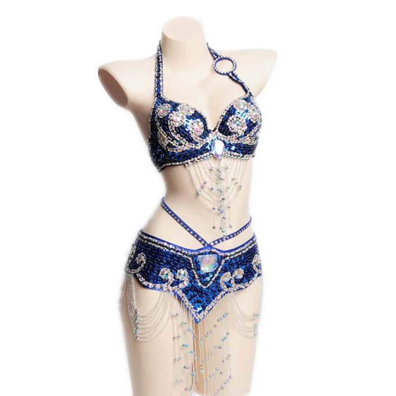 Customize Women Stage & Dance Wear Oriental Dance Sequined Beaded Bra and Belt Bellydance Suit 2pcs Costumes for Belly Dance