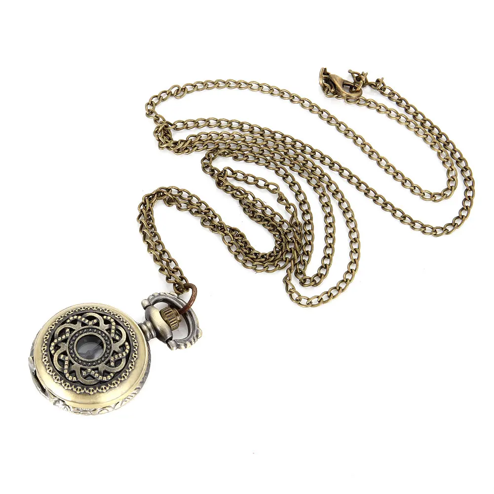 Vintage Quartz Pocket Watch Alloy Hollow Out Flowers Women Girls Sweater Chain Pendant Necklace LL@17