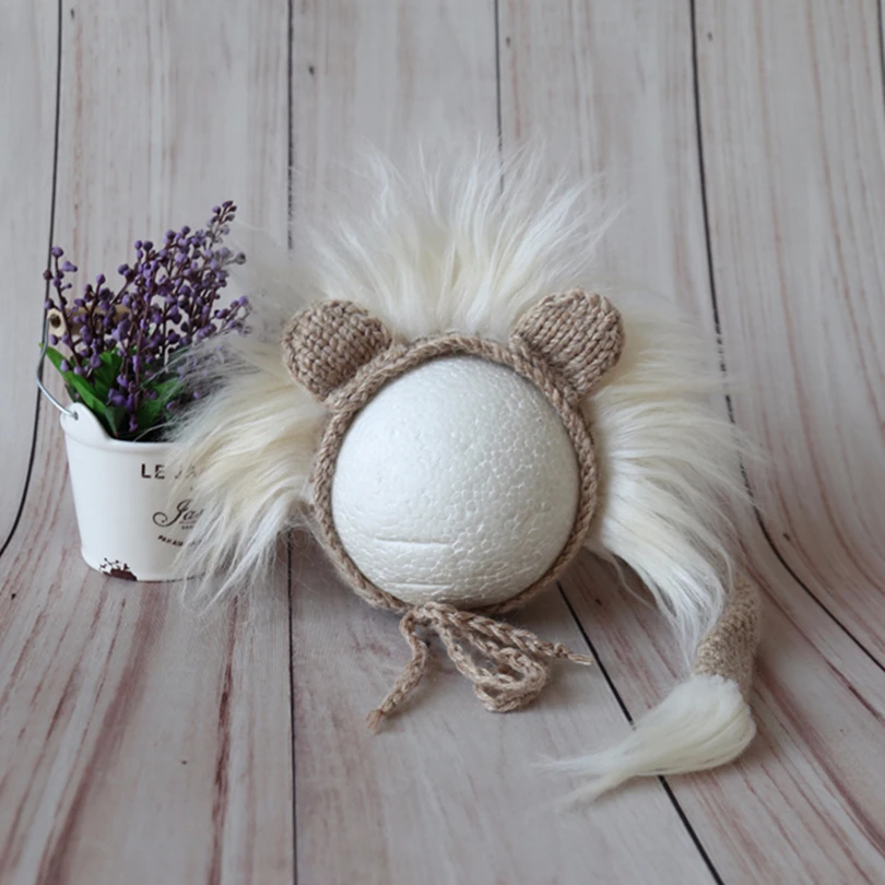 Hand Knitted Baby Hat  Long Mane Lion Bonnet And Toy Set Photography Props Newborn Crochet Mohair Animal Cap Photo Props