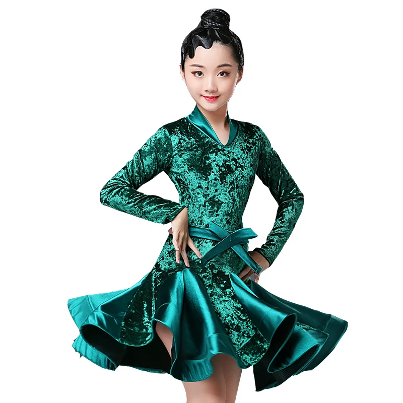 Autumn Winter latin dresses for dance ballroom dance dress rumba samba velvet children samba cha cha tango skirt standard salsa