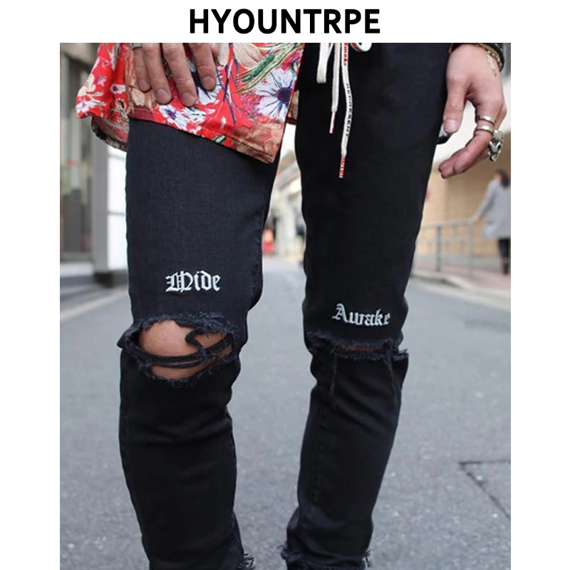 

Embroidery Knee Ripped Hole Jeans For Men Hip Hop Skinny Biker Destroyed Taped Jeans Slim Fit Black Denim Pants 2018 New Jogger