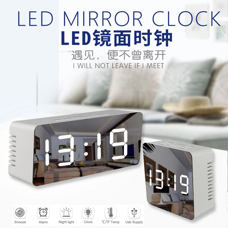 New Product LED Mirror Alarm Clock Green Night Lights Thermometer Electronic Table Clock Multi-function Digital Desk Clocks