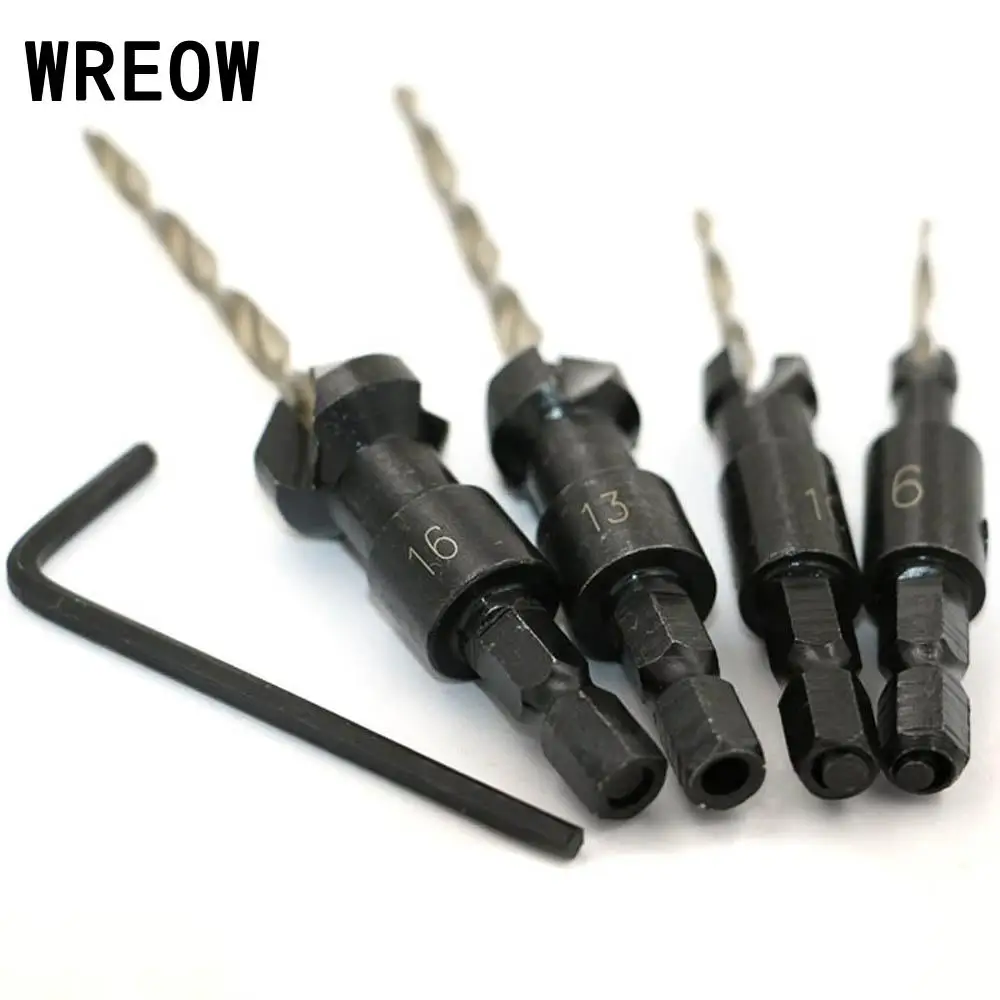 4PCS Countersink เจาะชุด Bit ช่างไม้ Quick Change Hex Shank #6 #10 #13 #16 ไม้เครื่องมือเจาะ E4
