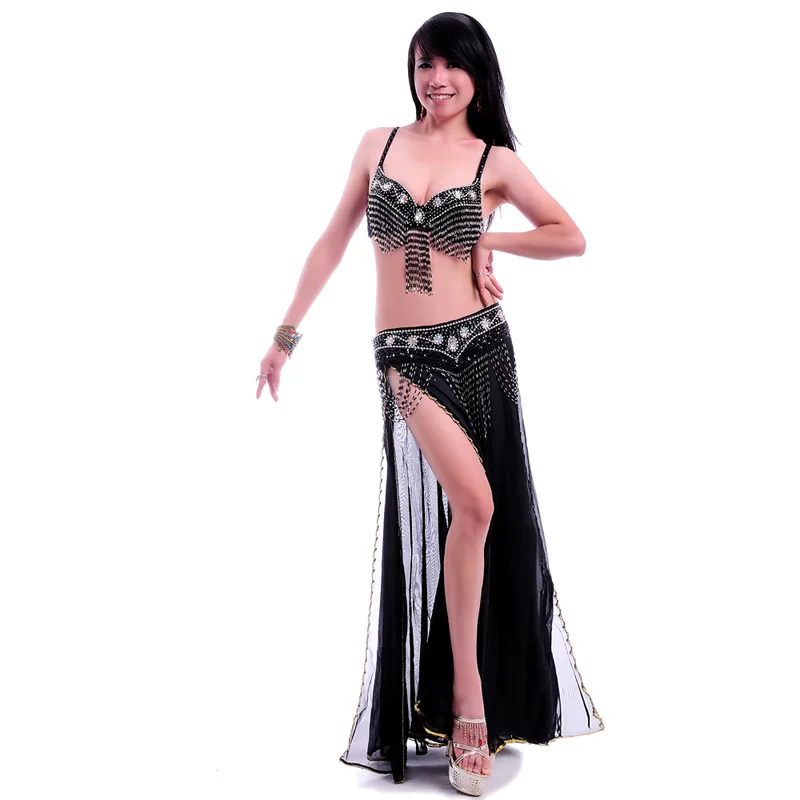 Women\'s sexy belly dance costume lady belly dancing outfits bellydance clothes beaded tassel bra+belt+skirt 3pcs belly dance set