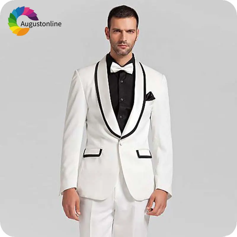 

White Wedding Suits for Men Black Shawl Lapel Custom Made Groom Tuxedo Slim Fit Man Blazer 2Piece Groomsmen Suit Costume Ternos