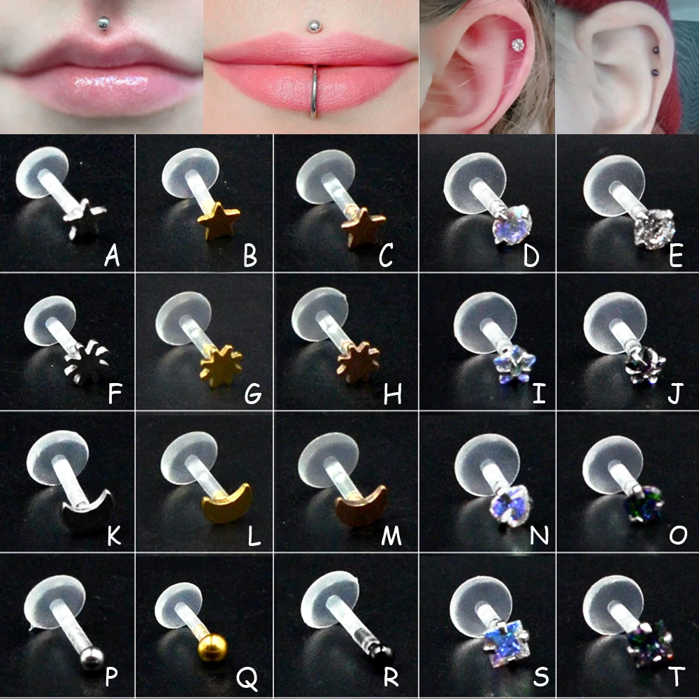 1Pcs Surgical Steel Bioplast Labret Ear Tragus Cartilage Helix Earring Lip Ring Zircon Different Piercing Sexy Body Jewelry 16G