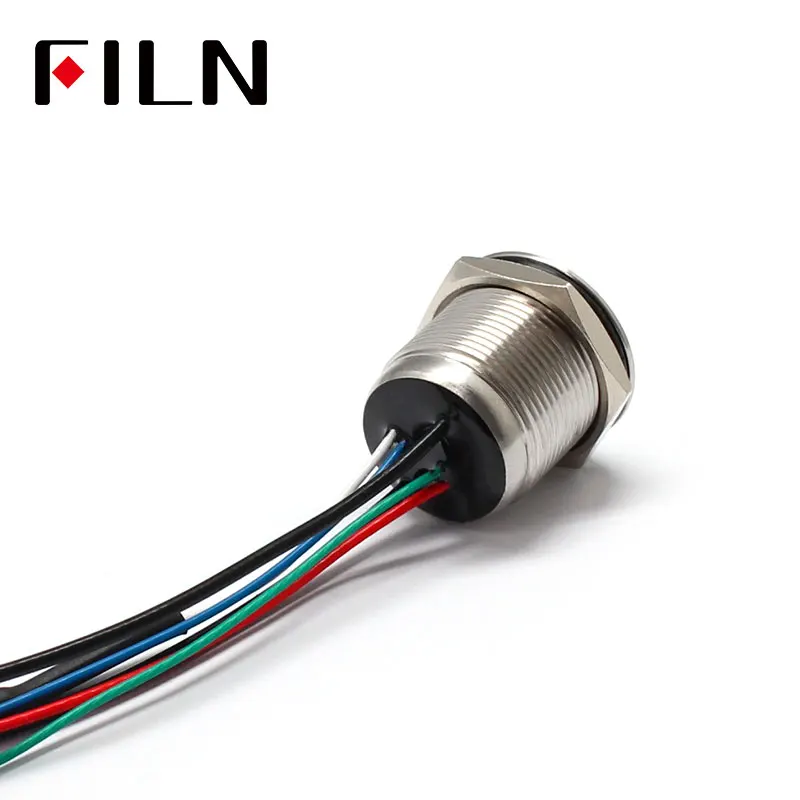 FILN-Interruptor de Botão Momentâneo de Metal Impermeável, Aço Inoxidável com Fio, Tri Cor, IP68, Redondo Plano, 19mm, 12V