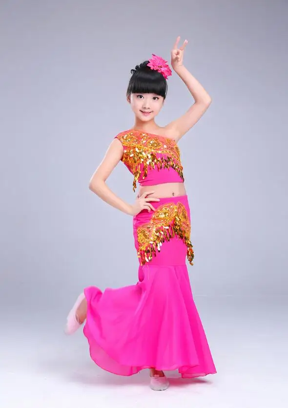 New Chinese Traditional Dress Girls Women Dai National Folk Fan Dance Costume Long Mermaid Peacock Dance Costume Dress