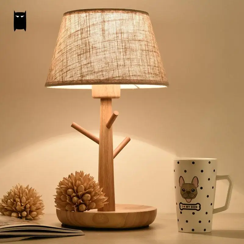 Oak Wood Fabric Shade Table Lamp Fixture Minimalist Nordic Art Deco Creative Hook Desk Light Abajour Luminaria Bedroom Bedside