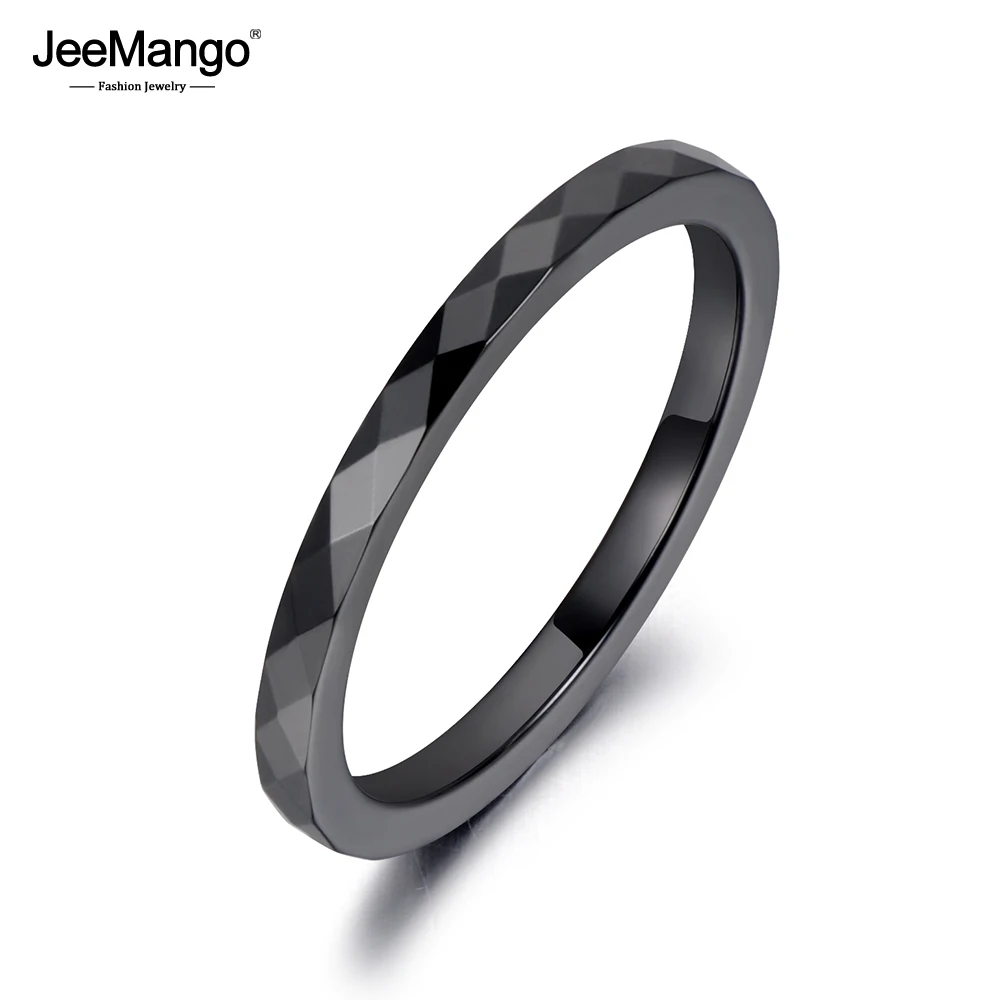 JeeMango Trendy 2mm Black & White Cutting Ceramics Rings Jewelry Wedding Engagement Rings For Women Anneaux Anillos JR19051