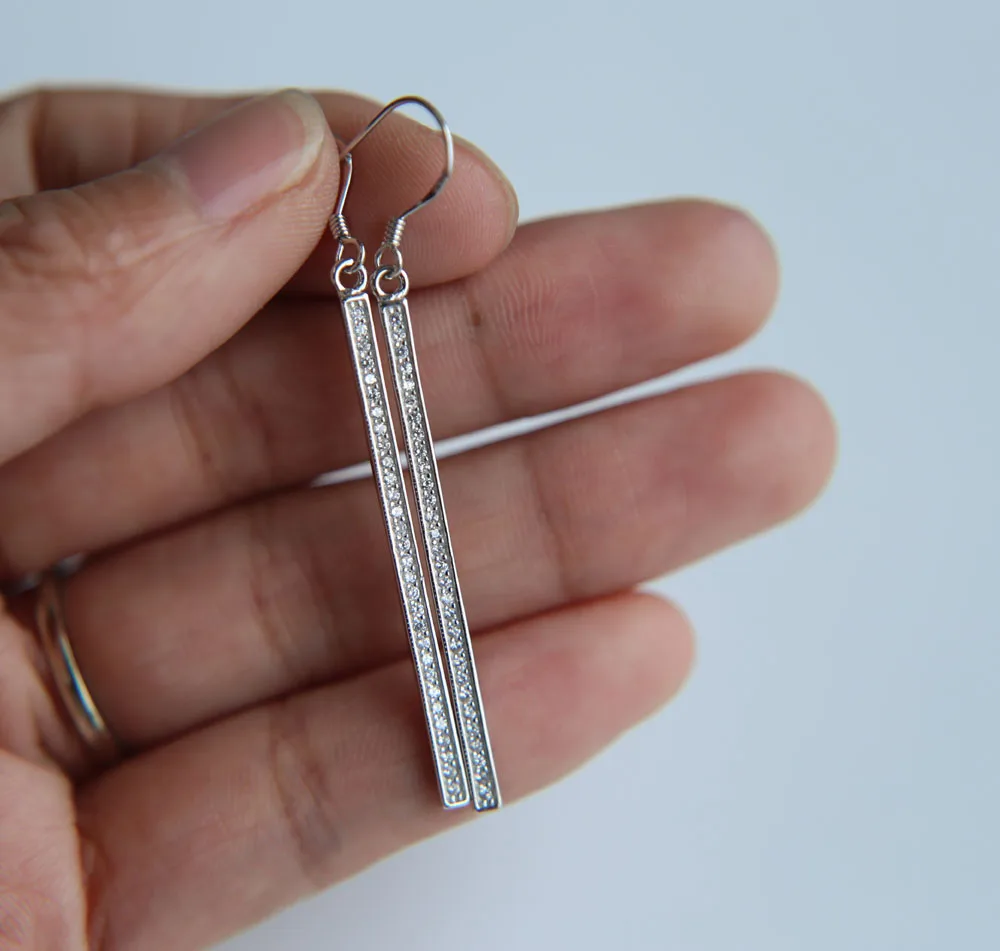 New 100% 925 Sterling Silver pave cubic zirconia long spike cz bar silver ladies Hook new earring design