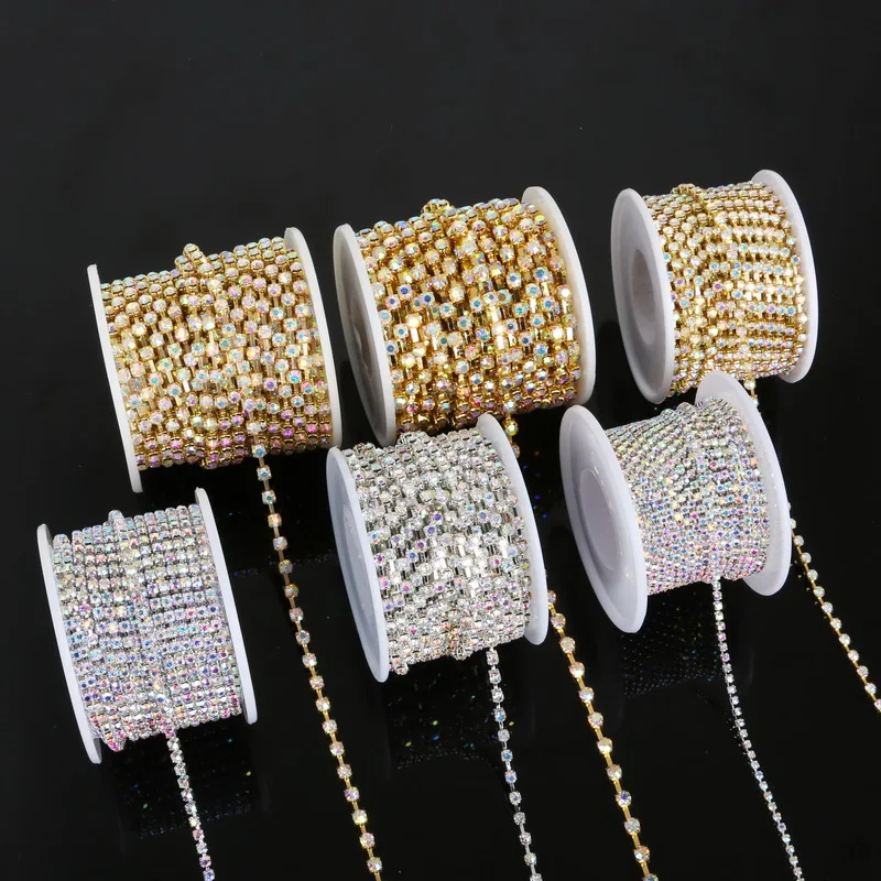 

10yards/roll Silver/Gold Plated Base Cup Charm Clear Crystal Rhinestone Chain for DIY Craft Apparel Sewing Cloth Jewelry Making