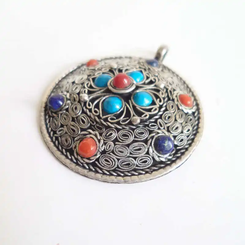 Nepal Vintage Pendants Metal Copper Inlay Colorful Beads Round Flower Pendants TBP081