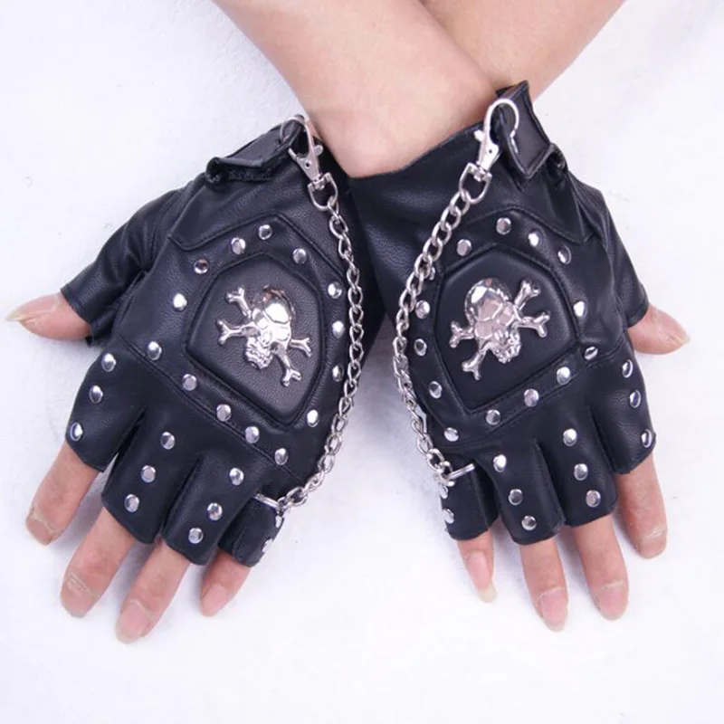 New Cool Skull Men Women Half Finger Leather Punk Gloves Unisex Semi-finger Dance Gloves Bike Fingerless Gloves S31