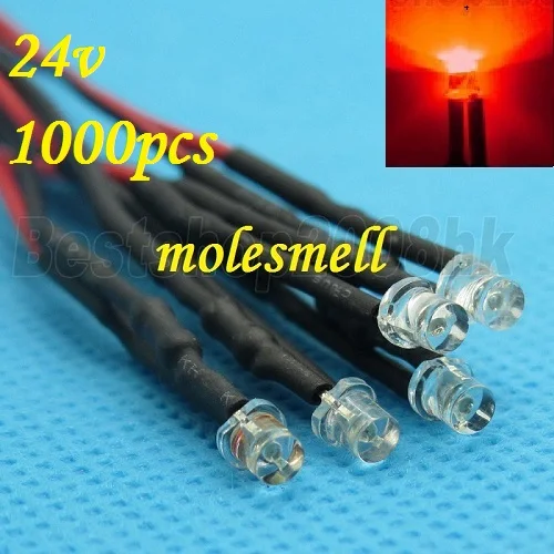 Free shipping 1000pcs 3mm 24v Flat Top Red LED Lamp Light Set Pre-Wired 3mm 24V DC Wired 3mm big/wide angle red 24v led